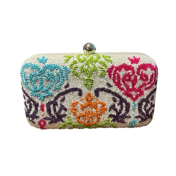 Moyna White Multicolor Printed Beaded Box Clutch / Crossbody Evening Bag - Picture 1 of 8
